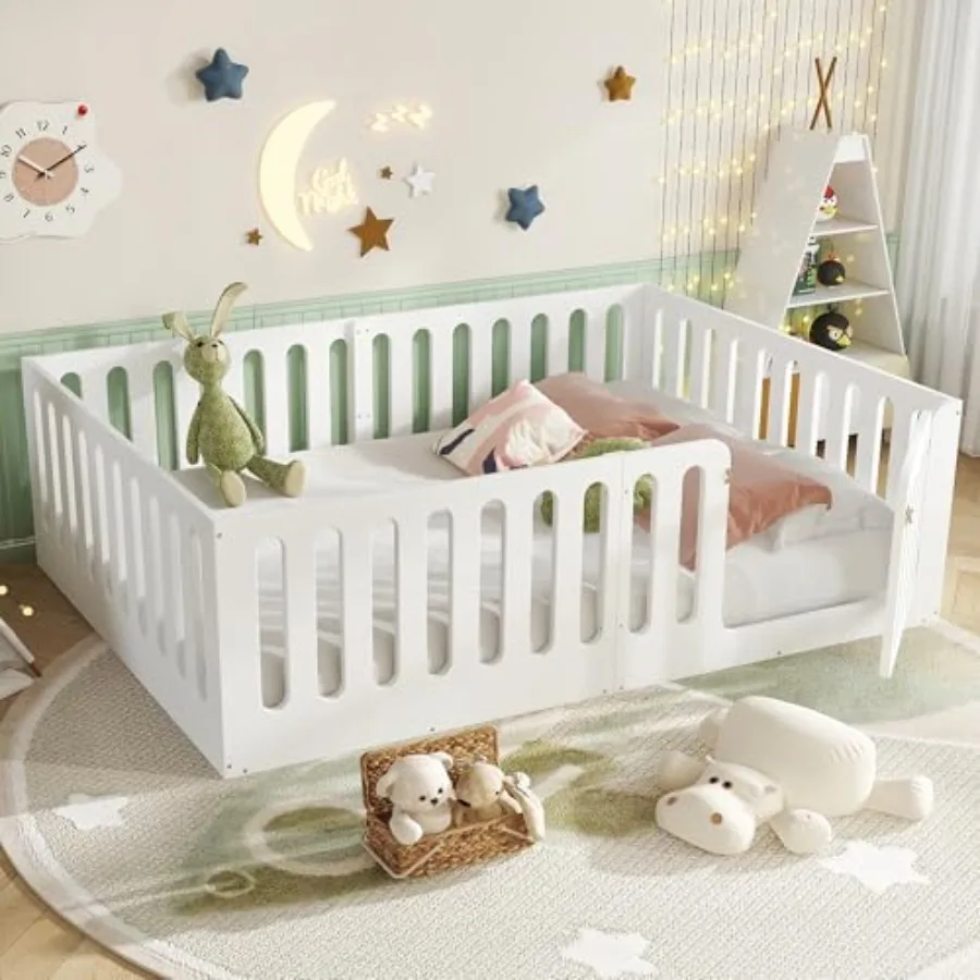 

Montessori Floor Bed, Floor Bed Frame with High Fence and Door, Solid Wood Montessori Bed for Girls Boys, White