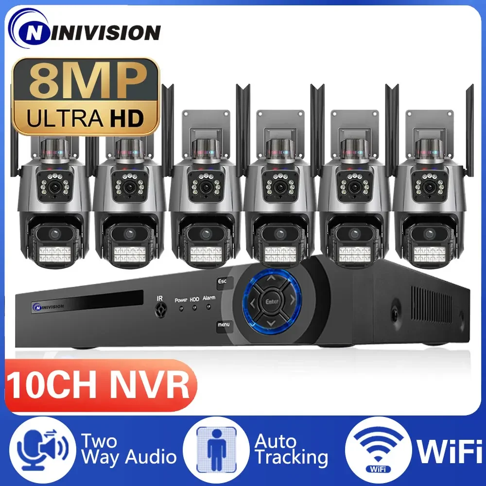 10ch 8mp Draadloze Dubbele Lens Ptz Wifi Ip Veiligheidscamera Tweeweg Audiokleur Nachtzicht Gezicht Poe Nvr Videobewakingssysteem