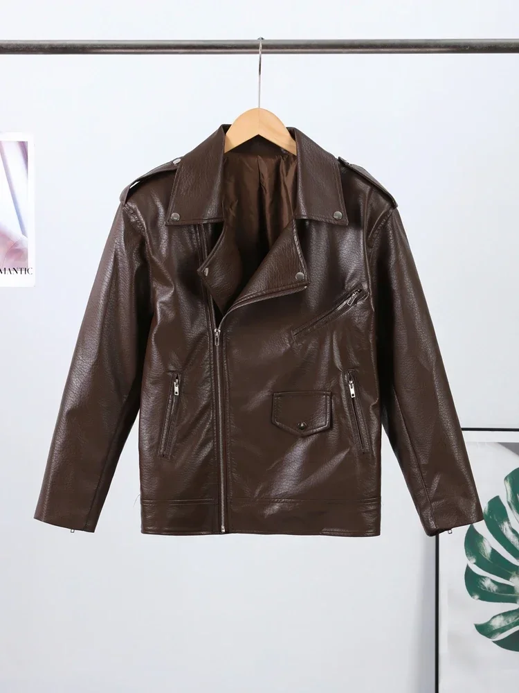 Solid Pu Leather Women Jacket Laple Long Sleeve Zippers Female Coat 2026 Autumn Vintage All Match Pocket Y2k Lady Outwear New