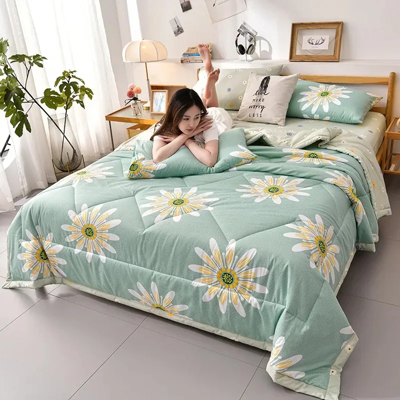 

Plaid Summer Cool Quilt Washed Cotton Comfortable Lightweight Air Condition Thin Comforter Simple Feather Blanket For Adults Kid