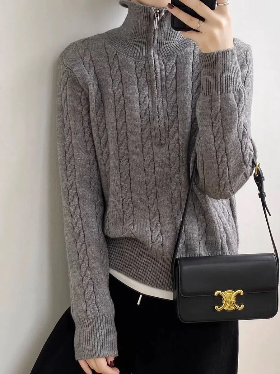 Vintage Cable Knit Half Zip Sweater Women Autumn Winter Thick Lapel Loose Fit Versatile Long Sleeve Cozy Casual Pullover Top