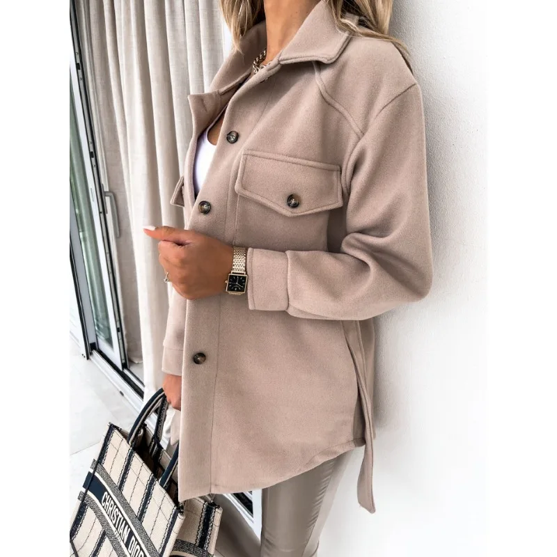 Autunno e inverno donna bavero monopetto addensare camicia solida lana cappotto allentato pendolarismo donna moda giacca a maniche lunghe