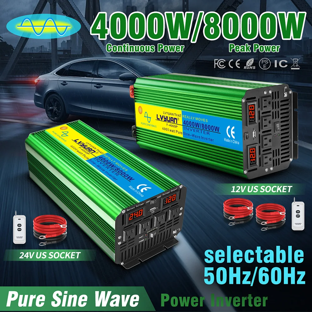 Lvyuan 8000W Peak Power Inveter DC 12V 24V AC 110V 220V  Car Volatge Converter Dual LED Display Multi Socket For Outdoor Truck