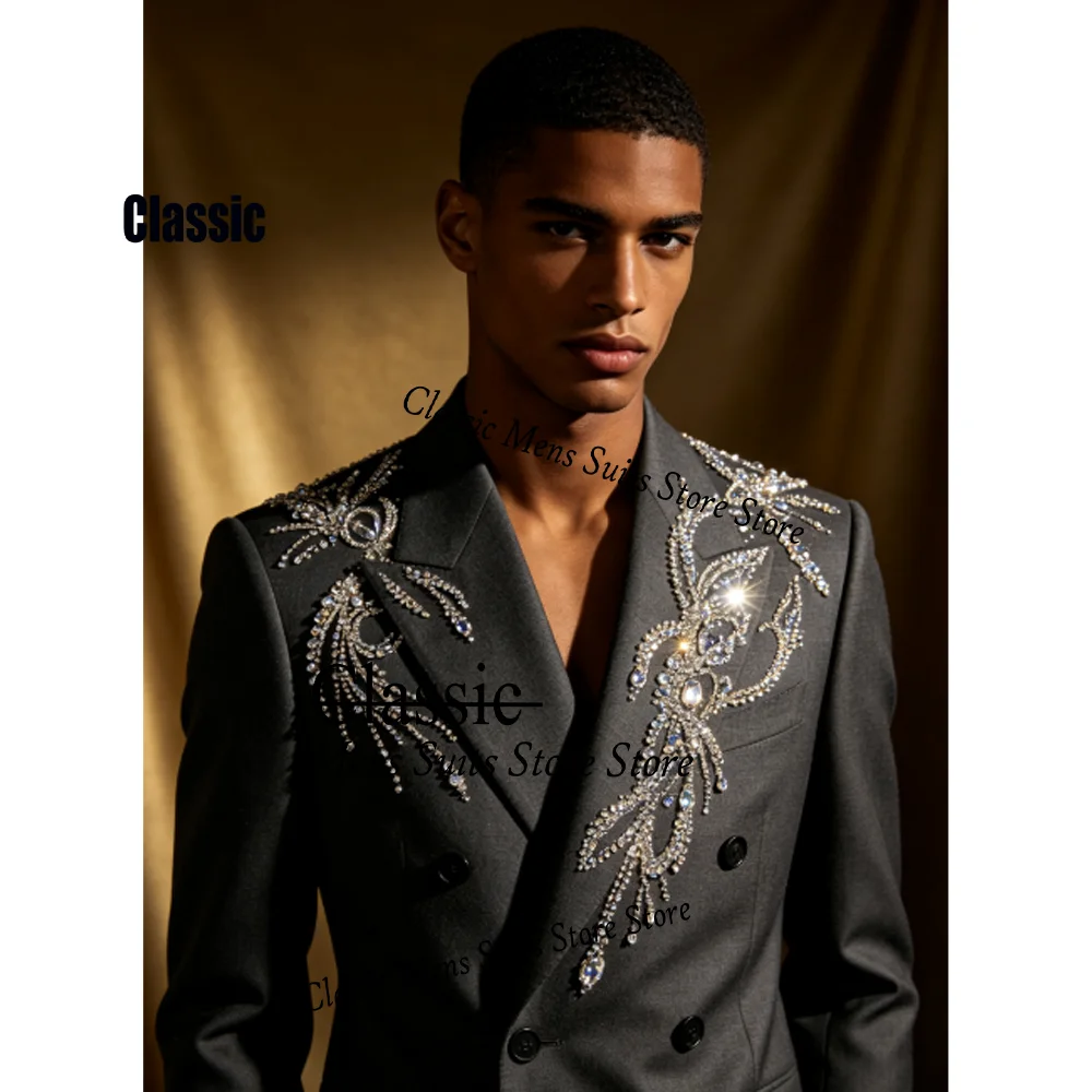 Customized Luxury Double Breasted Paillettes Suit 2 Pieces Set Male Party Blazers Glitter Groom Wedding Tuxedos Slim Gem Homme