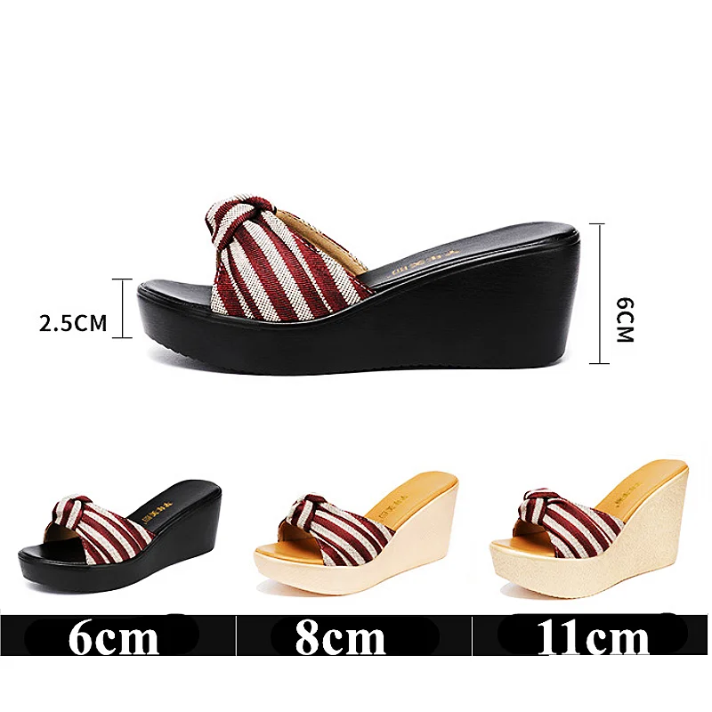 Small Size 32-43 Casual Beach Outside Office Stripe Bow Platform Shoes Women Slippers 2022 Summer High Heels Wedge Slides