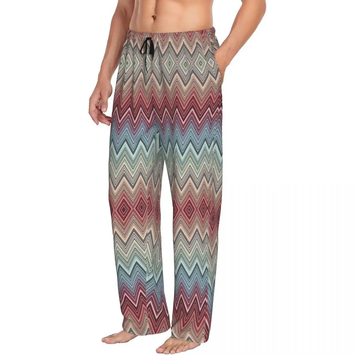 Custom Multicolor Chic Zigzag Pajama Pants Men's Boho Chic Zig Zag Sleepwear Lounge Sleep Bottoms Stretch with Pockets