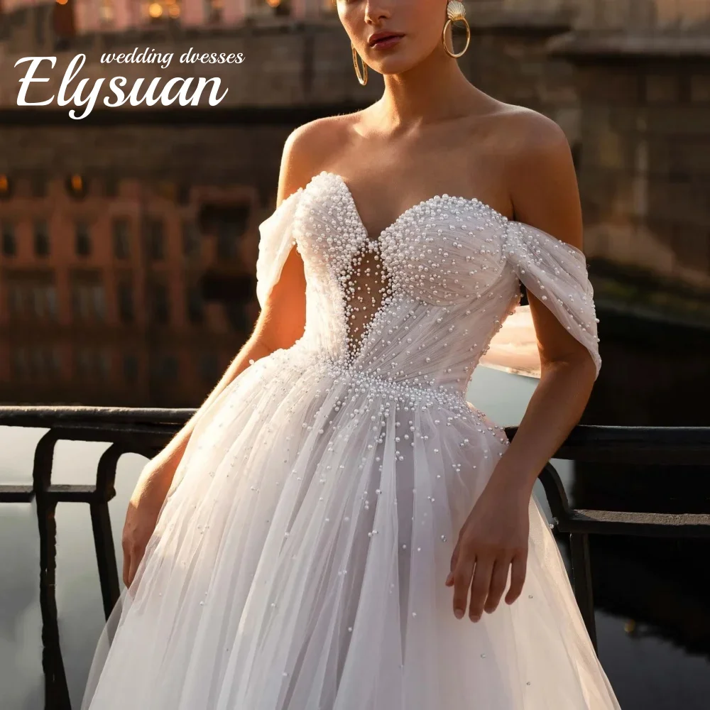

Wedding Dresses Boho Elegant A Line Bridal Gowns Sweetheart Pearls Bride Robe Off Shoulder vestidos de novia