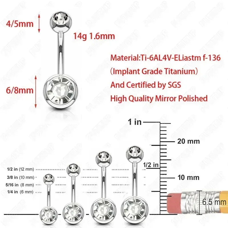 G23Titanium 14G 8/10/12/14mm Surgical Titanium Belly Button Rings Zircon Navel Bar Body Piercing Jewelry Nombril Ombligo Barbell