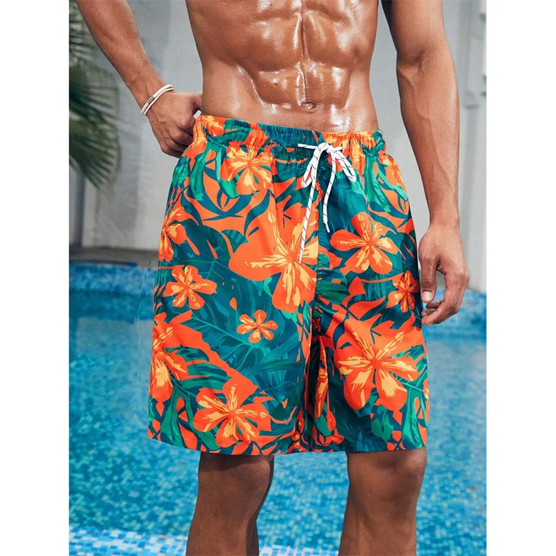 Fashion Vibrant Floral Patterns 3D Print Beach Shorts Men's Clothing Casual Hawaiian Breathable Drawstring Men Board Shorts