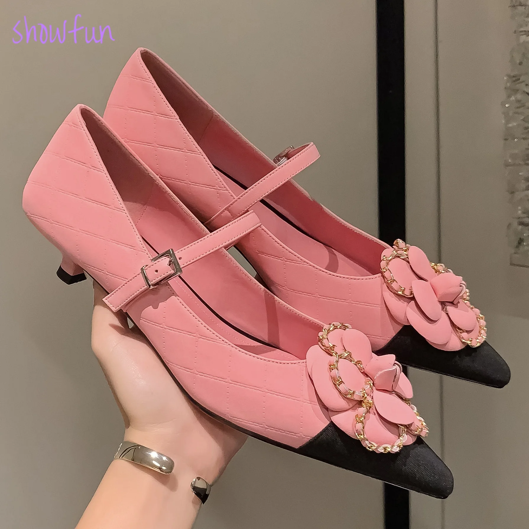 Showfun women's sheepskin mix color patchwork kitten heel pointed toe Mary Jane pumps flower decoration elegant ladies shoes hot