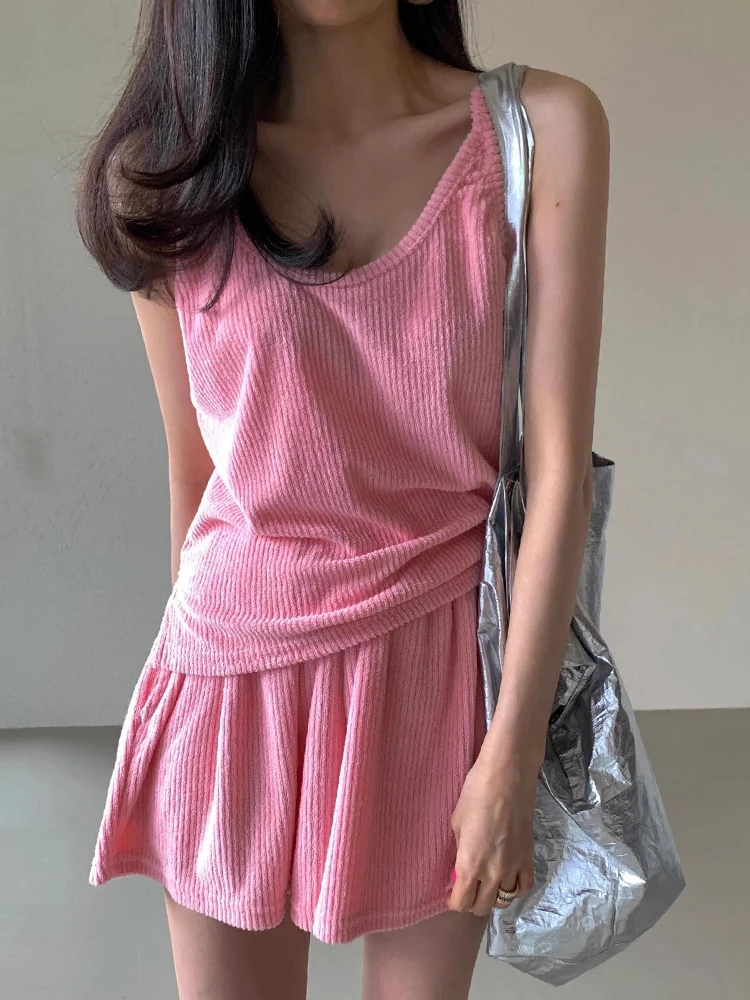 

Chic Summer Slimming Stripe Pure Color Tank Top High Waist Skirt Set Faionable Two-Piece Suit for Young Women V-Ne