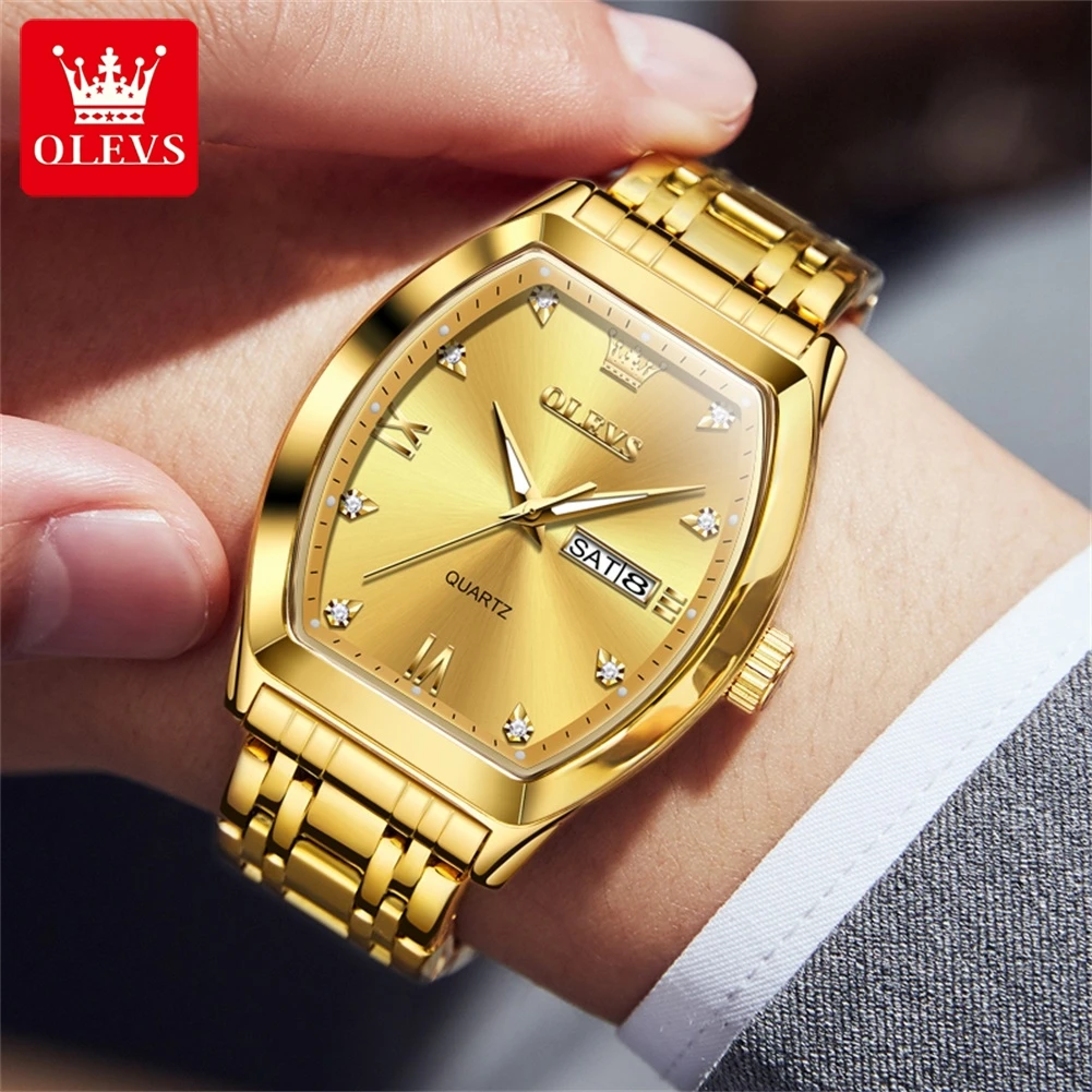 OLEVS 5528 Men Watch Fashion Business Dual Calendar Display Gold Stainless Steel Waterproof Watch Luxury Brand Quartz Men Watch