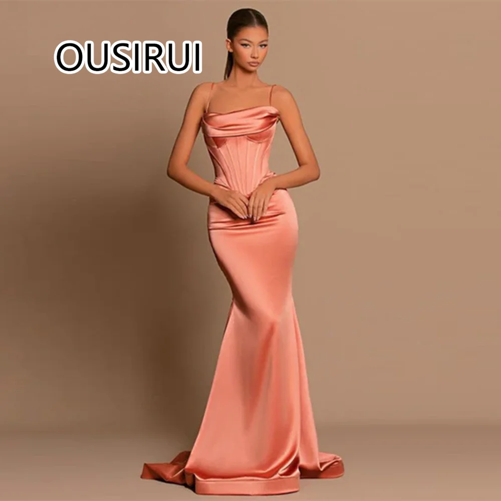 Charming Spaghetti Straps Satin Pleated Evening Dress Mermaid Sexy Backless Prom Holiday Gown with Trian for Women Custom Made