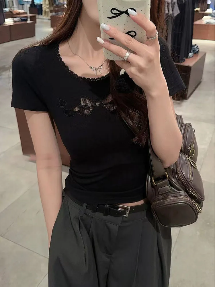 Y2k Cotton Bow Hollow Out Lace Crop Tops Women Korean Fashion Sweet Short Sleeve T Shirts Streetwear Aesthetic Summer Tees Girls