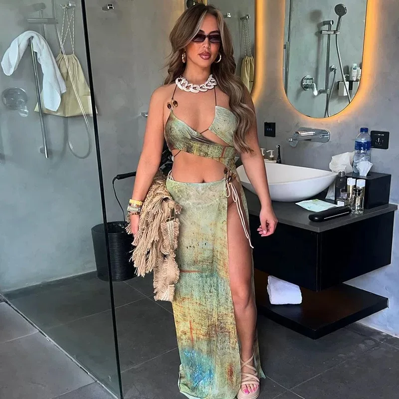 여성 섹시한 나이트 클럽 긴 얇은 쉬어 드레스 여성 홀터넥 할로우 스플릿 타이 염색 파티 저녁 연회 날짜 긴 수석 드레스