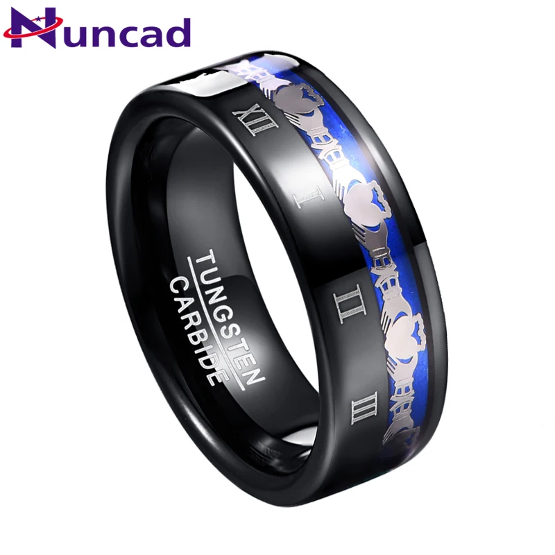 NUNCAD 8mm Wide Tungsten Steel Men's Ring Plating Black Claddagh Pattern Engraved Roman Numeral Tungsten Carbide Ring T228R