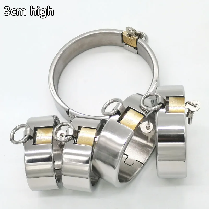 3cm/5cm High Stainless Steel Neck Collar Ankle Hand Cuffs BDSM Bondage Set Adult Games Restraints Handcuffs Sex Toys For Couples