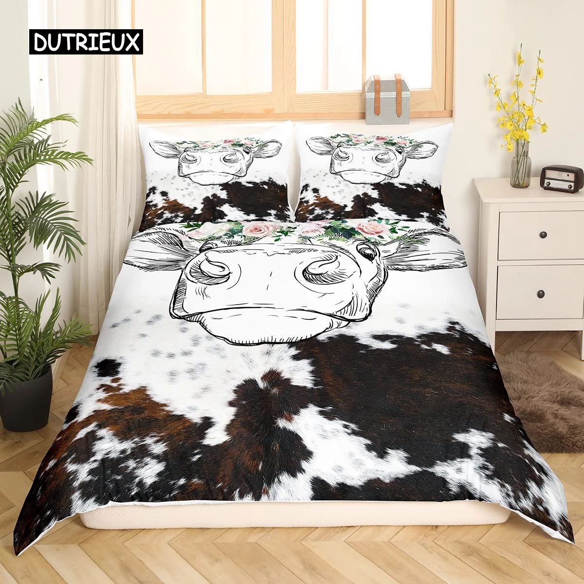 

Cow Print Bedding Set King Queen Highland Cow Cattle Bull Fur Comforter Cover Cow Skin Cowhide Pink Rose Polyester Duvet Cover