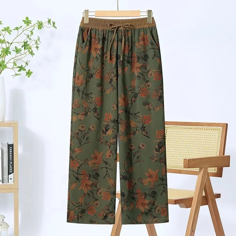

Women Drawstring High Waist Floral Print Satin Wide Leg Pants Lightweight Draped Casual Trousers