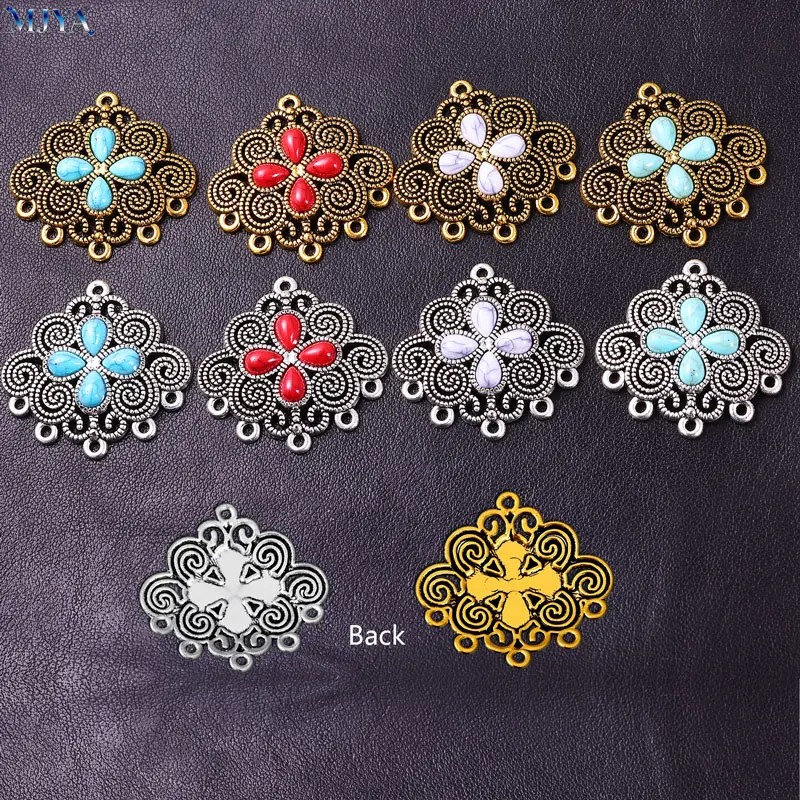 MJYA 5pcs Ethnic Boho Flower Connector Charms,Multi-Loops Filigree Pendant For DIY Necklace Earring Supplies Jewelry Accessory