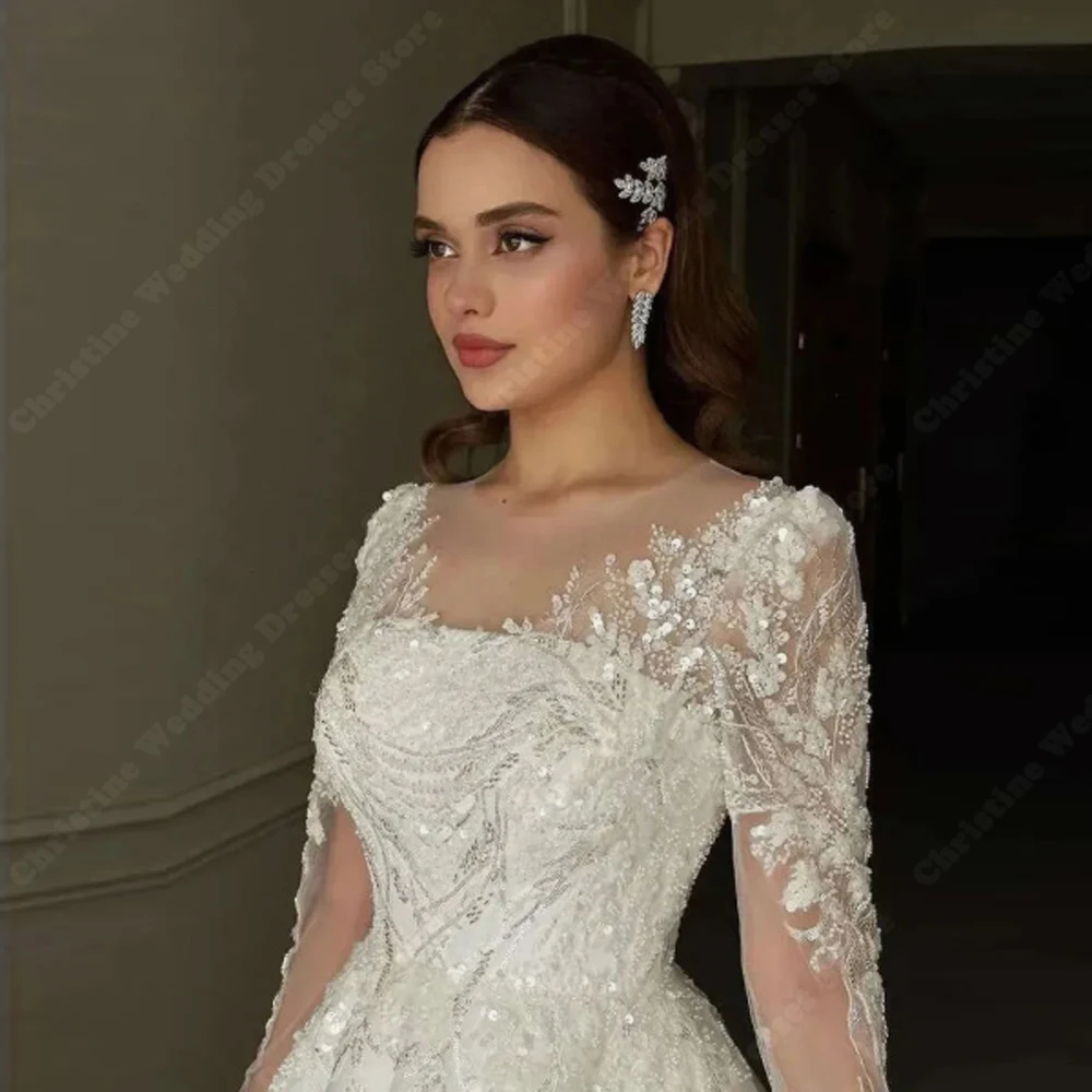 Glitte Chiffon Frauen Brautkleider elegante charmante Brautkleider Spitze lange Ärmel Prinzessin Wisch länge Vestidos de Novias