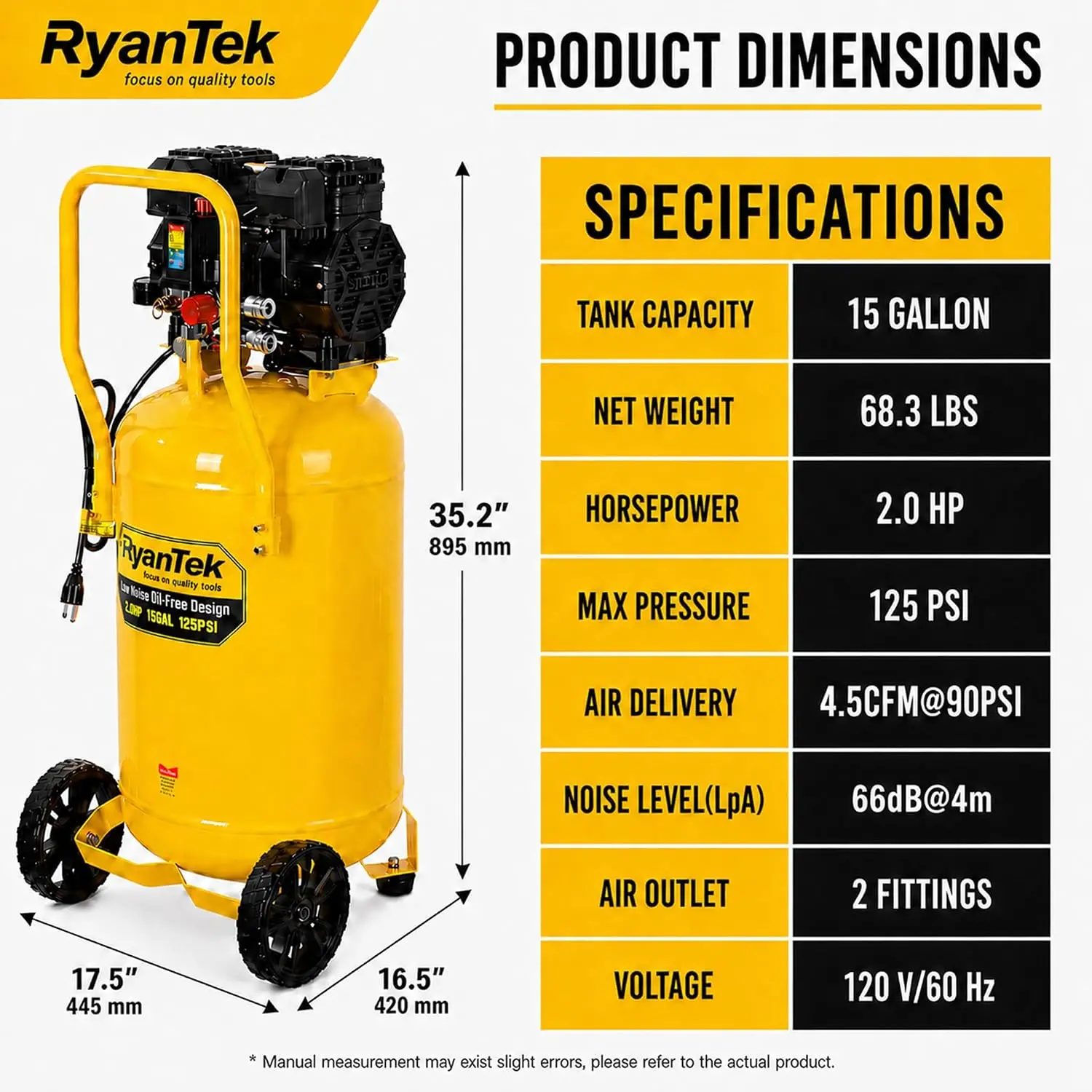 15-Gallon Air Compressor,2HP,Vertical Tank, 4.5CFM@90PSI,Quiet 66dB Twin Cylinder, Oil-Free, for Inflation, Nail Guns,Auto
