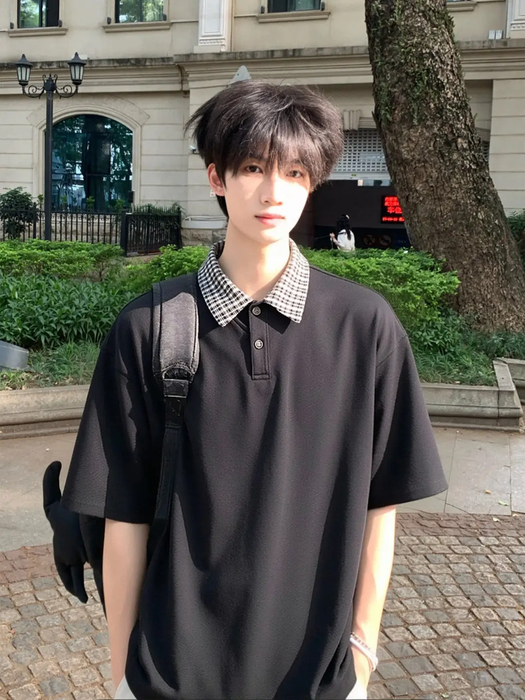 Black  Shirt Men's Summer Short Sleeve Plaid Patchwork CleanFit Shoulder Flip Collar Trendy Casual Pure Color Top