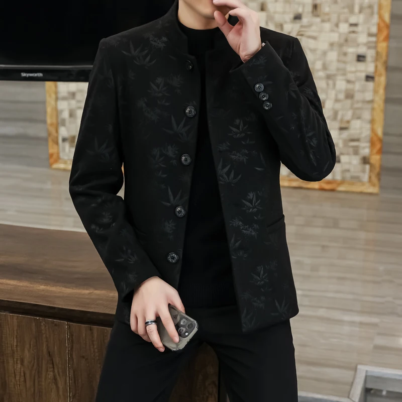 2024 Autumn Winter Stand Collar Jacket Man Chinese Style Business Casual Outwear Fashion Slim Fit Versatile Social Men Clothing