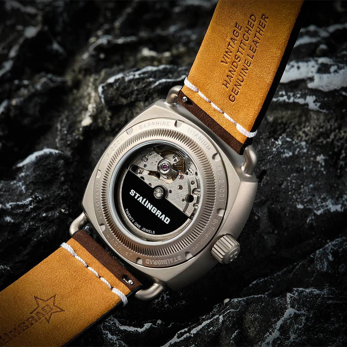 STALINGRAD 45MM Grade2 Titanium Watch For Men 200m Waterproof Durable Rubber Strap Automatic Mechanical Movement Meteorite Dial