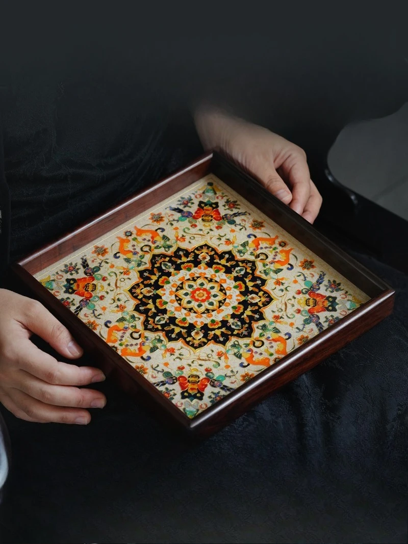 Cloisonné enamel color dry brewing table Chinese tea tray tea set tea table tea sea solid wood tea brewing device storage tray