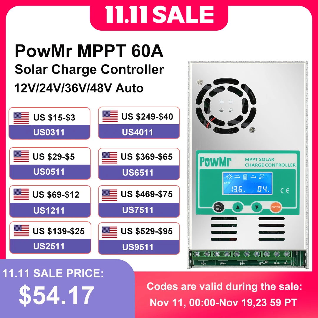 

Контроллер заряда солнечной батареи PowMr 60A MPPT, подсветка 12В 24В 36В 48В, регулятор свинцово-кислотной литиевой батареи, вход солнечной панели макс. 160 в