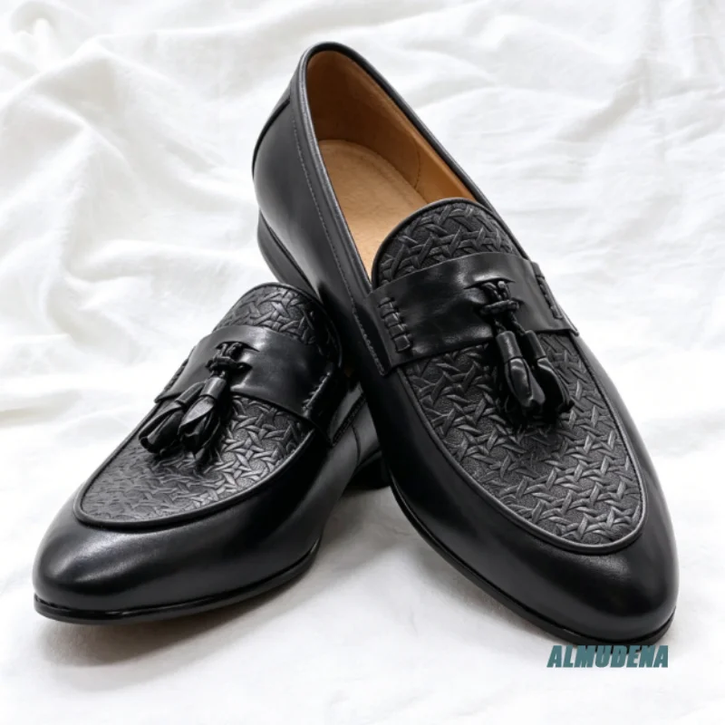 Trendy Men Retro Tassel Loafers Embossed Faux Leather Slip On Chic Business Daily Party Comfort Pointed Toe Formal Dress Shoes