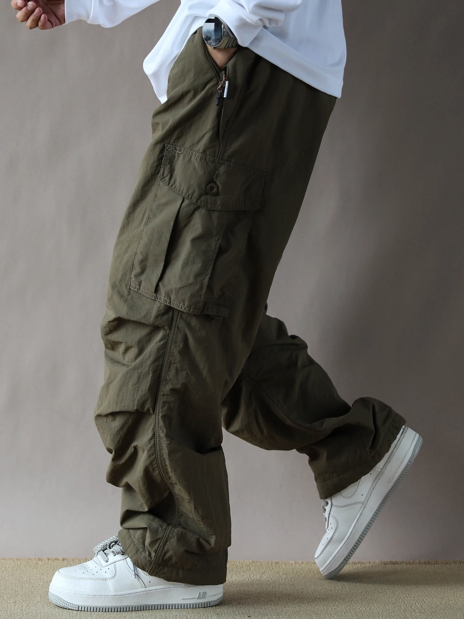 

Thiened Fce Lined Retro Work Pants Men's Loose Casual Khaki Multi ket Long Trousers Paratrooper Pants American Sle