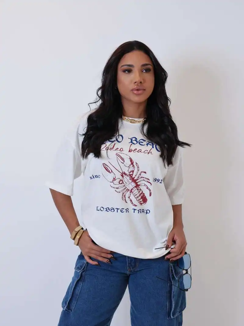 Retro American Vintage Summer Ocean Style Lobster Print Spicy Girl Loose Pure Cotton Short Sleeve T-Shirt Women's Trendy