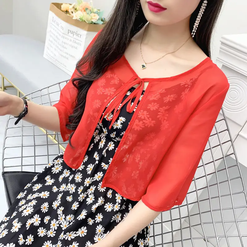 Women's Short Chiffon Open Cardigan Light Outerwear Summer 2025 Match  Skirt Sun Protection Clothes Shoulder Pad