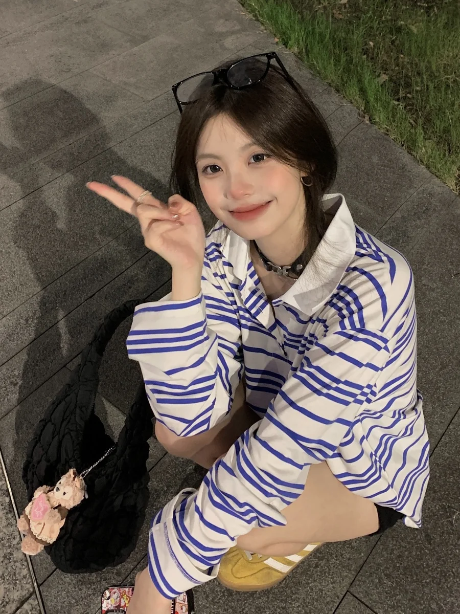 

Loose Fit Large Size Women's Neck Long Sleeve T-Shirt Casual Style Cotton Print Top Unisex Spring Autumn Stripe Design