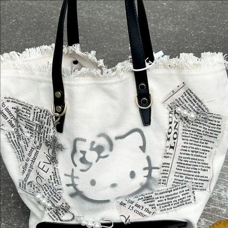Sanrio Hellokitty Black Kitten Pattern White Canvas Shoulder Bag Kawaii Spicy Girl Style Cartoon Embroidery Fashion Travel Gifts