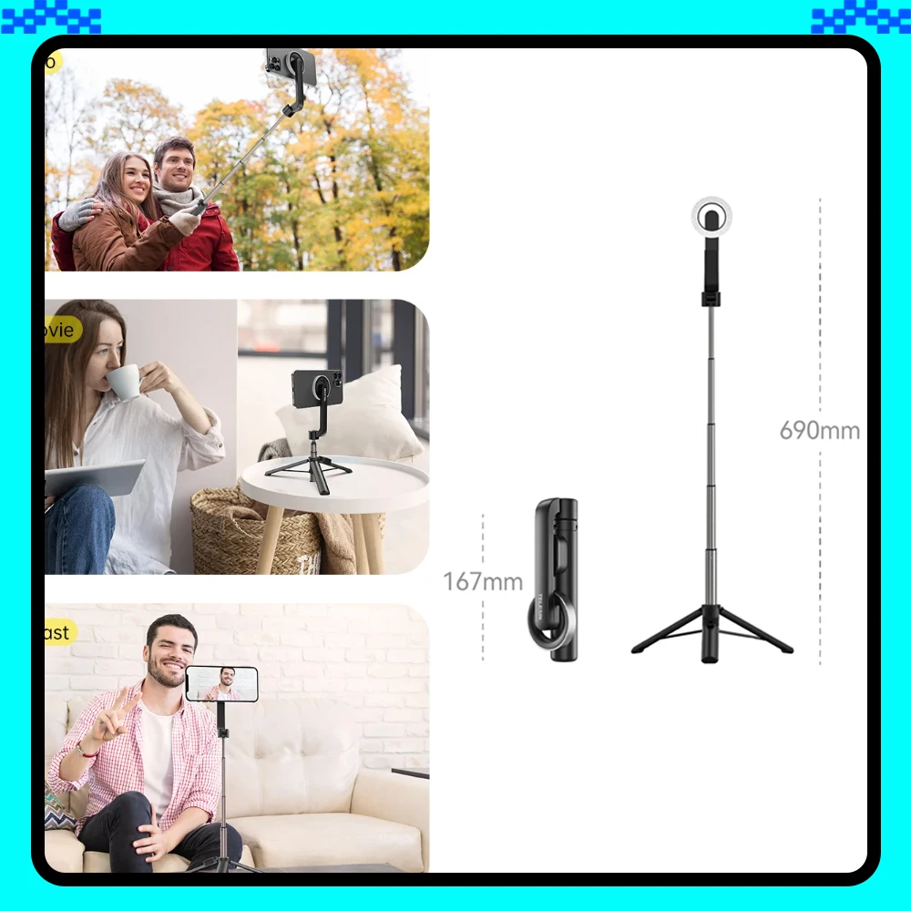TELESIN Магнитный штатив для селфи с пультом дистанционного управления для мобильного телефона для iPhone 16, 15, 14, 13, 12 Pro Max для HUAWEI XIAOMI SAMSUNG