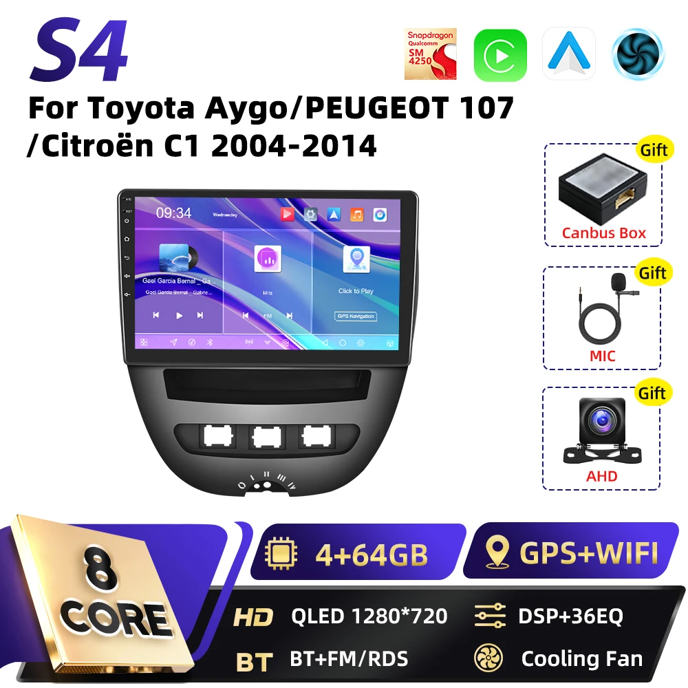 Podofo 8-Core Carplay 2DIN Android autoradio voor Toyota Aygo 2004-2014, Peugeot 107, Citroën C1, Snapdragon GPS FM RDS