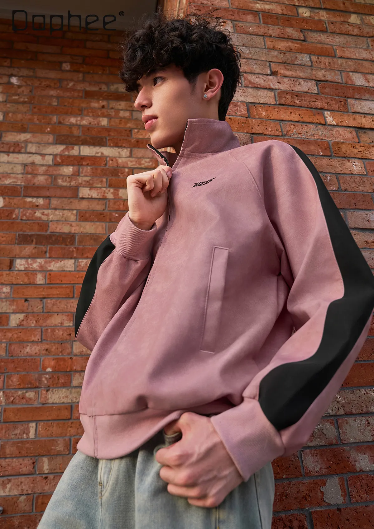 

Spring and Autumn American Style Men's Black and Pink Sports Jacket Windproof Warm Stand Collar Black Gray Brown Jacket