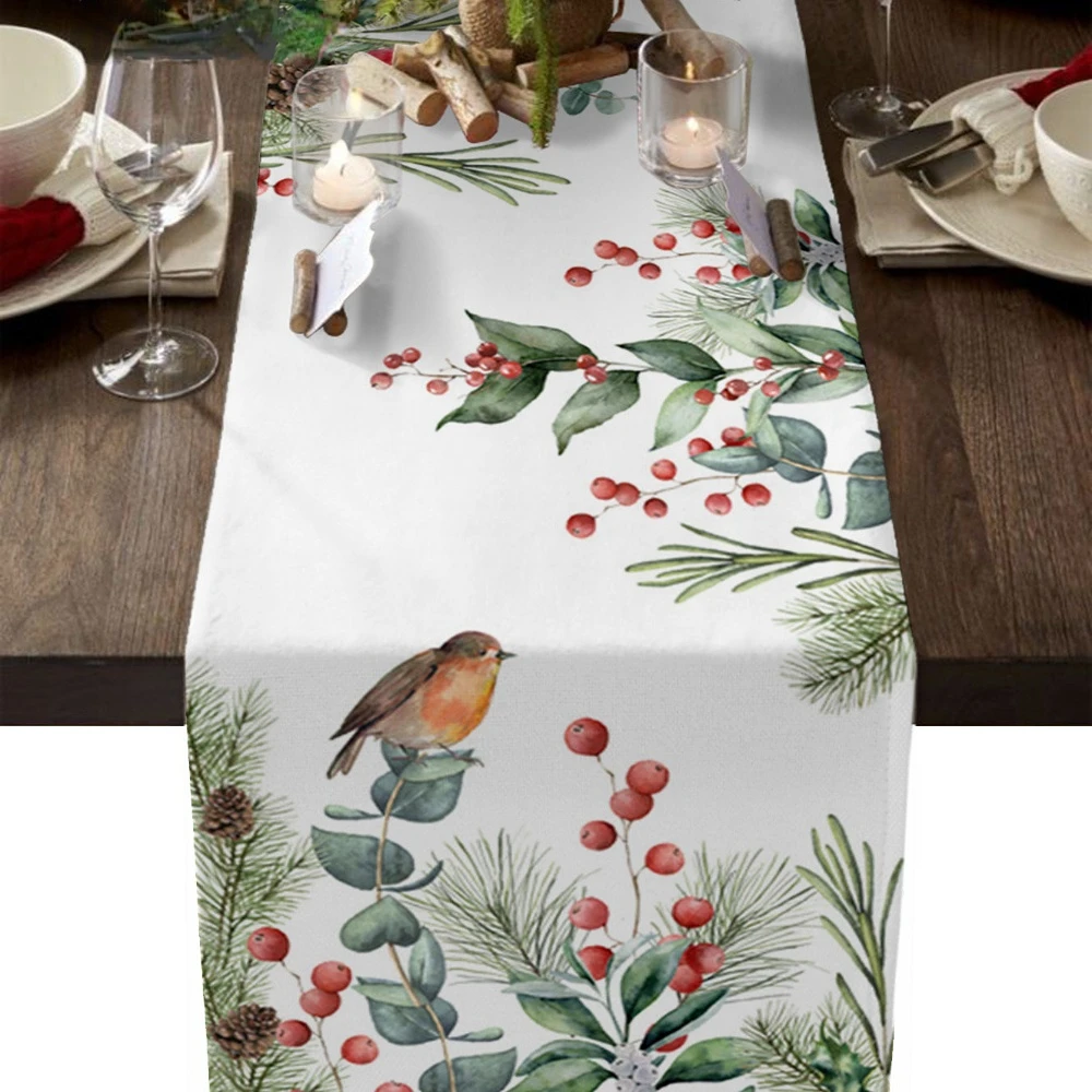 Christmas Eucalyptus Berries Robin Table Runner Christmas Cotton Linen Wedding Decoration Tablecloth Home Party Decoration