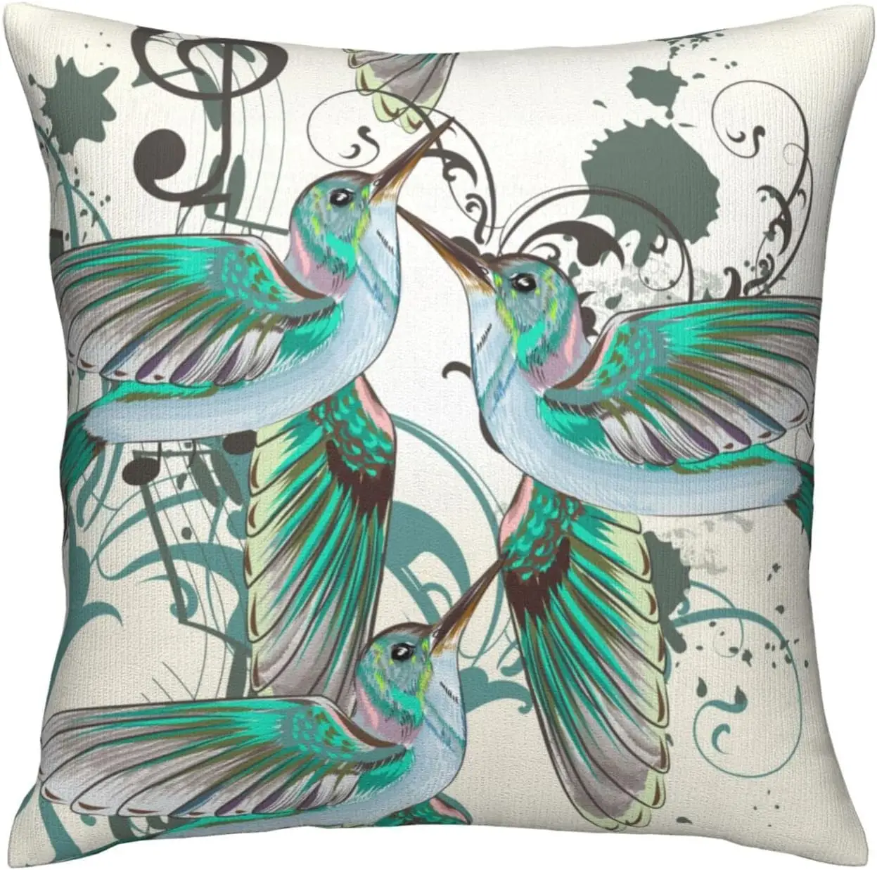 Square Throw Pillowcase Hummingbird Blue Green Bird Musical Note Decoration Home Bedroom Sofa Pillow Cases Cushion Cover