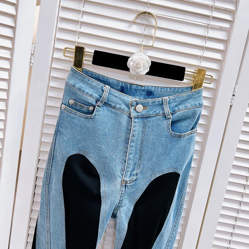 Color Matching Pencil Denim Pants New High-End American Style Retro Slimming High Waist Contrast Color Skinny Pants Jeans