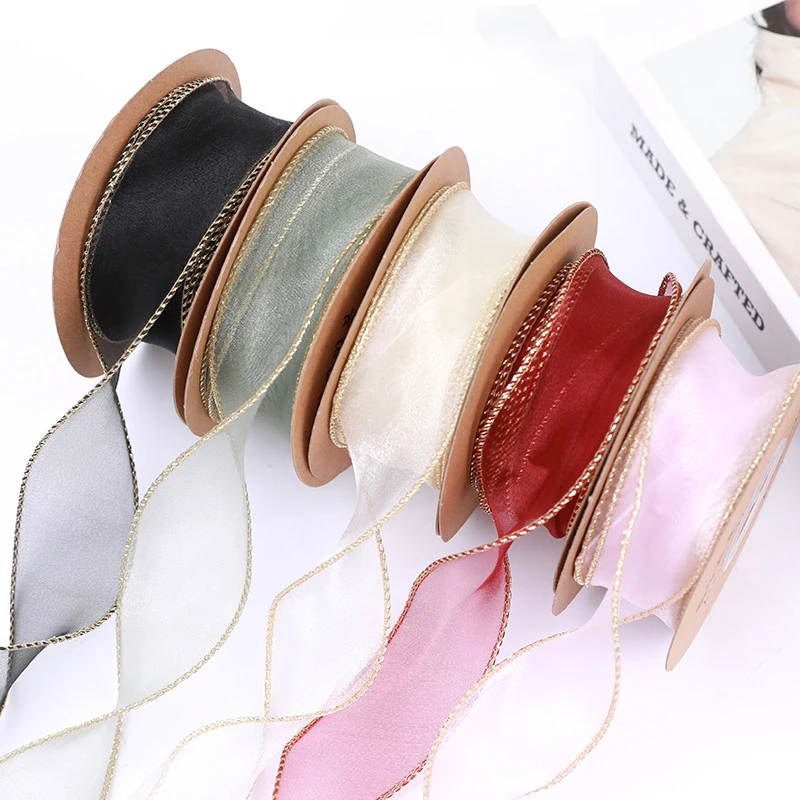 

40mm 10Yards Gold Wavy Edge Organza Ribbon Making Bows Bouquets Gift Wrapping Sewing Clothes Materials DIY Fabric Accessories