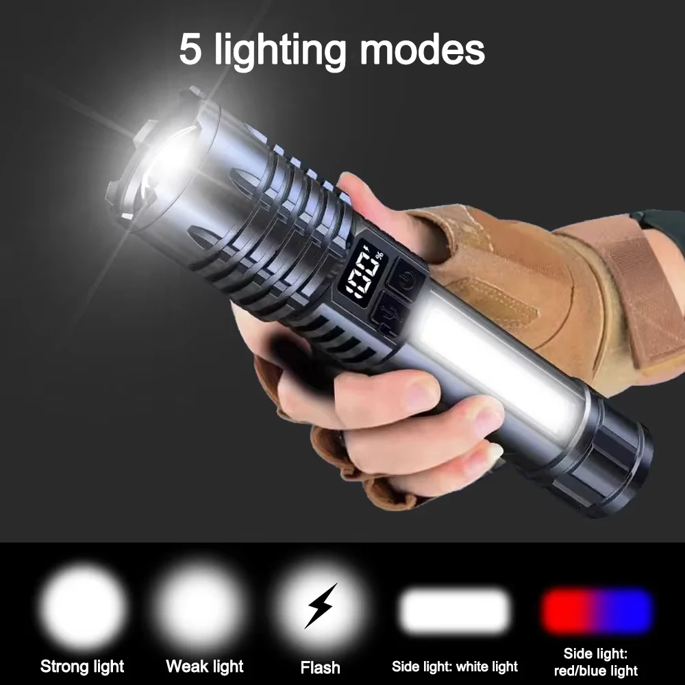 100000LM Super Bright Flashlight Rechargeable LED Torch Long Range Tactical Lamp for Outdoor Waterproof Camping Fishing Lantern