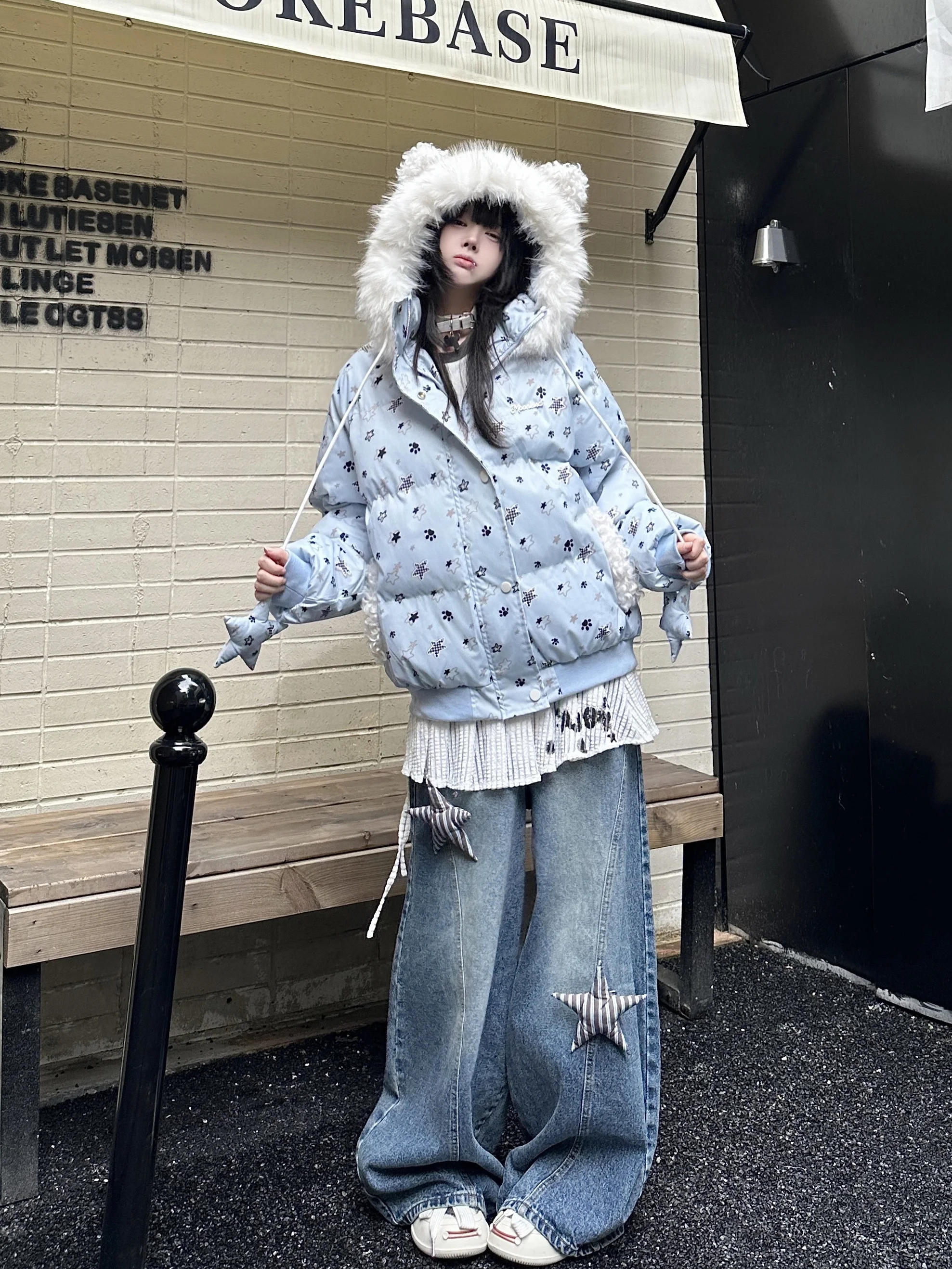 

Теплая повседневная женская хлопковая куртка с милым меховым воротником-ушками, винтажной вышивкой в виде звезд, свободного кроя, зимняя верхняя одежда