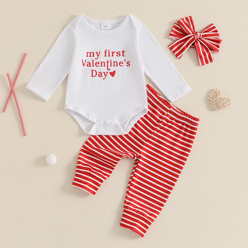 Baby Girl Valentine's Day Outfits Letter Heart Print Long Sleeve Romper Stripe Pants Headband 3Pcs Clothes Set