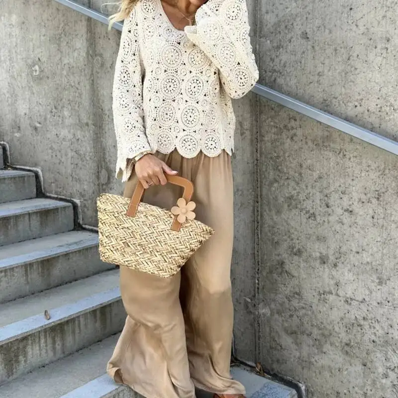 New Boho Style Crochet Hollow Out Blouse Women Elegant O Neck Jacquard Knitted Top Pullover Autumn Long Sleeve Loose Shirt Mujer