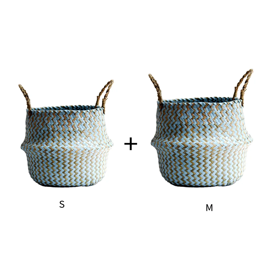 

2PCS Boho style Decor Handmade Straw Seaweed Flower Basket Plant Pot Wicker Storage Basket Collapsible Laundry Basket