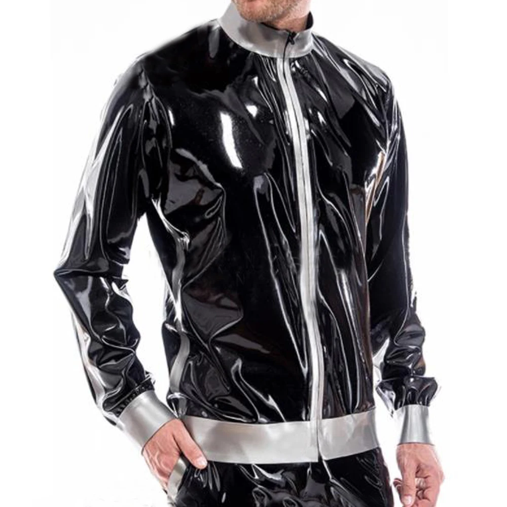 Men's Wetlook PVC Leather Jacket, Long Sleeve, Zipper, Stand Collar, Patchwork Coats, Male Training Sportswear, Shiny Clubwear